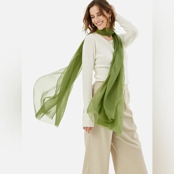 Featherlight Olive Green Cashmere Scarf - Picture 1 of 4